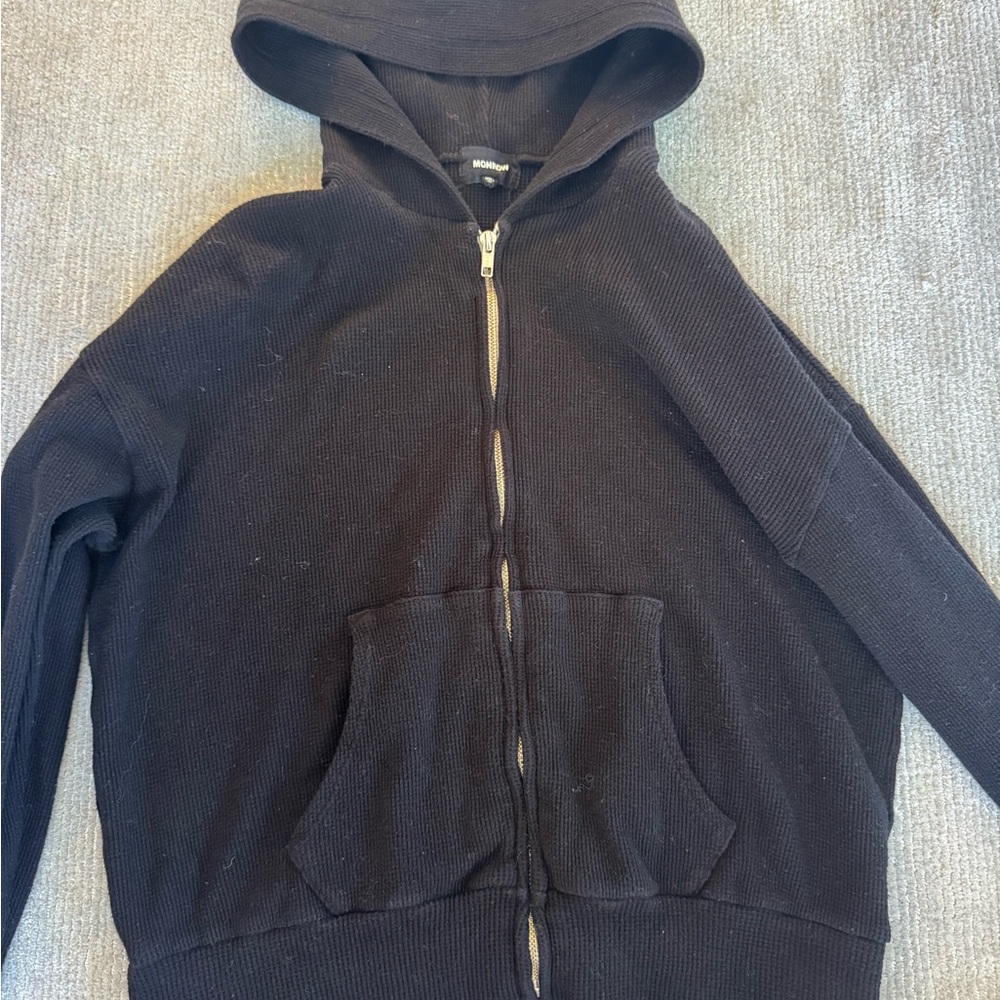 Monrow Waffle Knit Black Zip-Up Jacket
